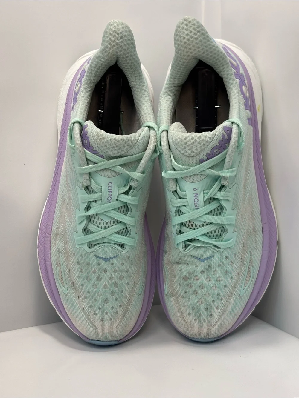 Hoka Clifton 9 Women's Size 10B Running Shoes Mint Green/Purple/White Sneakers